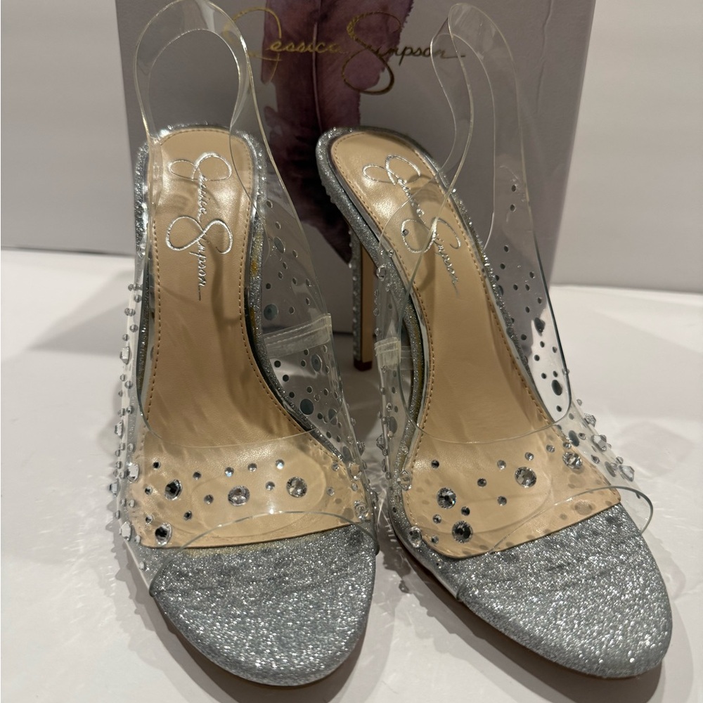 Jessica Simpson Silver Glitter Slingback Heels with Clear Crystal Accents 7.5